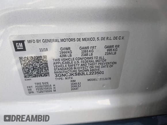 ✅ 2020 Chevrolet Trax LS • VIN: 3GNCJKSB2LL223501 • Lot: 43153286. Listed on IAAI with 60,706 mi. Free auction sales archive from the USA and detailed vehicle history report at DreamBid. Image 9.