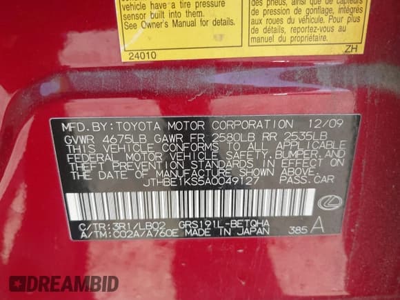 ✅ 2010 Lexus GS 350 • VIN: JTHBE1KS5A0049127 • Lot: 43421772. Wystawiony na IAAI z przebiegiem 184 009 mil. Bezpłatny archiwum sprzedaży aukcyjnych z USA i szczegółowy raport historii pojazdu na DreamBid. Zdjęcie 9.