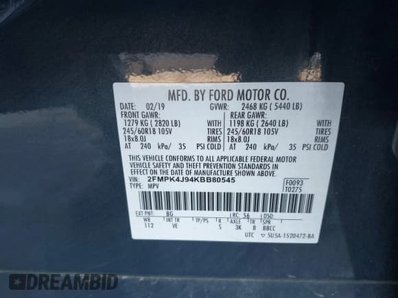 ✅ 2019 Ford Edge SEL • VIN: 2FMPK4J94KBB80545 • Lot: 43618261. Listed on IAAI with 57,606 mi. Free auction sales archive from the USA and detailed vehicle history report at DreamBid. Image 9.