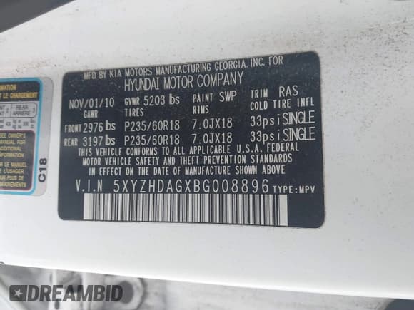 ✅ 2011 Hyundai Santa Fe Limited • VIN: 5XYZHDAGXBG008896 • Lot: 41564444. Listed on IAAI with 122,104 mi. Free auction sales archive from the USA and detailed vehicle history report at DreamBid. Image 9.