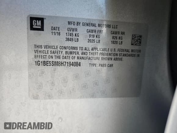 ✅ 2017 Chevrolet Cruze LT • VIN: 1G1BE5SM8H7194084 • Lot: 70013605. Listed on Copart with 102,890 mi. Free auction sales archive from the USA and detailed vehicle history report at DreamBid. Image 13.