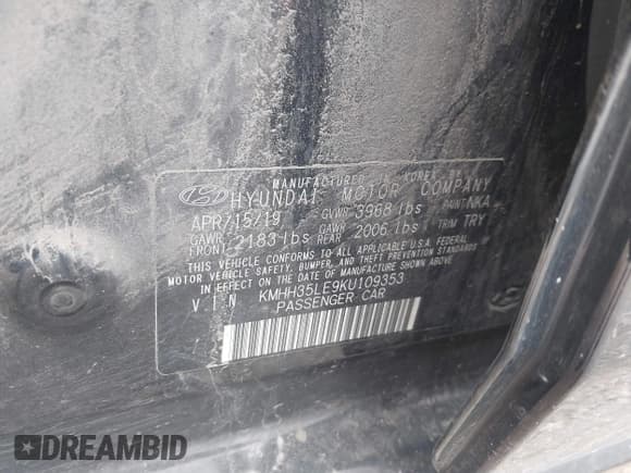 ✅ 2019 Hyundai Elantra • VIN: KMHH35LE9KU109353 • Lot: 42284791. Listed on IAAI with 107,510 mi. Free auction sales archive from the USA and detailed vehicle history report at DreamBid. Image 9.