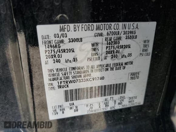 ✅ 2003 Ford F-150 Harley-Davidson • VIN: 1FTRW07333KC91740 • Lot: 45636205. Listed on Copart with 175,945 mi. Free auction sales archive from the USA and detailed vehicle history report at DreamBid. Image 12.