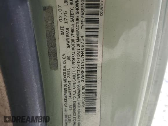 ✅ 2007 Volkswagen Beetle • VIN: 3VWRF31Y17M409754 • Lot: 69668285. Listed on Copart with 78,275 mi. Free auction sales archive from the USA and detailed vehicle history report at DreamBid. Image 12.