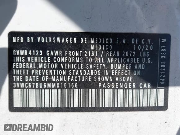 ✅ 2021 Volkswagen Jetta S • VIN: 3VWC57BU6MM015156 • Lot: 43407215. Listed on IAAI with 130,320 mi. Free auction sales archive from the USA and detailed vehicle history report at DreamBid. Image 9.