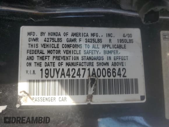 ✅ 2001 Acura CL • VIN: 19UYA42471A006642 • Lot: 81458075. Listed on Copart with 255,824 mi. Free auction sales archive from the USA and detailed vehicle history report at DreamBid. Image 13.