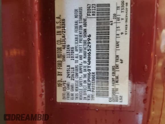 ✅ 1991 Mercury Cougar • VIN: 1MEPM60T4MH652996 • Lot: 43811635. Wystawiony na Copart z przebiegiem 129 452 mil. Bezpłatny archiwum sprzedaży aukcyjnych z USA i szczegółowy raport historii pojazdu na DreamBid. Zdjęcie 12.