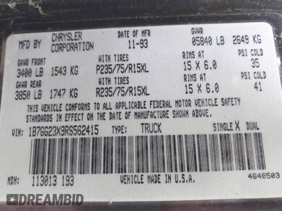 1994 Dodge Dakota with VIN 1B7GG23X9RS562415, listed as a IAAI auction lot 43365648 with 157,671 mi miles and . Bid and sale history available at DreamBid. Image 9.