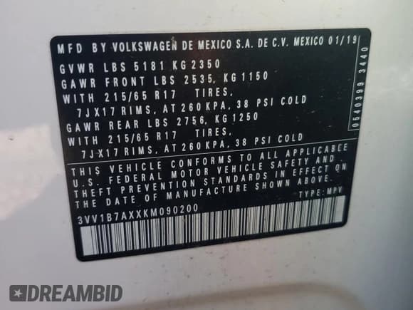 ✅ 2019 Volkswagen Tiguan S • VIN: 3VV1B7AXXKM090200 • Lot: 89528235. Listed on Copart with 87,213 mi. Free auction sales archive from the USA and detailed vehicle history report at DreamBid. Image 13.