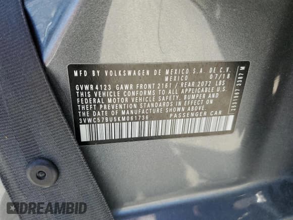 ✅ 2019 Volkswagen Jetta S • VIN: 3VWC57BU5KM061736 • Lot: 55365334. Listed on Copart with Not provided. Free auction sales archive from the USA and detailed vehicle history report at DreamBid. Image 12.