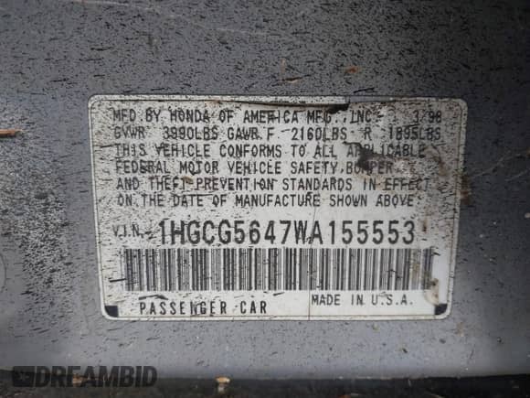 1998 Honda Accord LX z VIN 1HGCG5647WA155553, wystawiony jako IAAI lot #43586050 z przebiegiem 164 383 mil mil oraz . Historia ofert i sprzedaży dostępna na DreamBid. Obrazek 9.