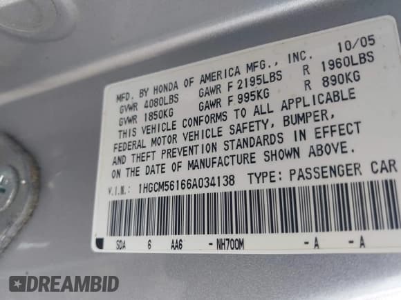 ✅ 2006 Honda Accord VP • VIN: 1HGCM56166A034138 • Лот: 43202492. Опубликован ранее на IAAI с пробегом 170 685 миль. Бесплатный доступ к архиву аукционных продаж из США и подробный отчёт об истории автомобиля на DreamBid. Изображение 9.