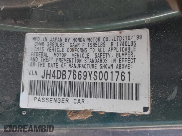 ✅ 2000 Acura Integra • VIN: JH4DB7669YS001761 • Lot: 43800681. Listed on IAAI with 136,109 mi. Free auction sales archive from the USA and detailed vehicle history report at DreamBid. Image 9.