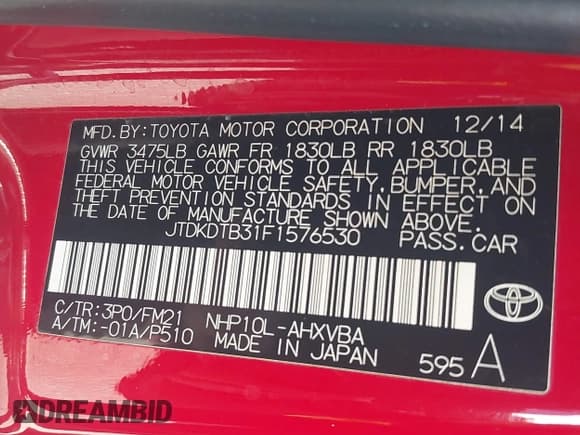 ✅ 2015 Toyota Prius One • VIN: JTDKDTB31F1576530 • Lot: 43903884. Listed on IAAI with 186,075 mi. Free auction sales archive from the USA and detailed vehicle history report at DreamBid. Image 9.