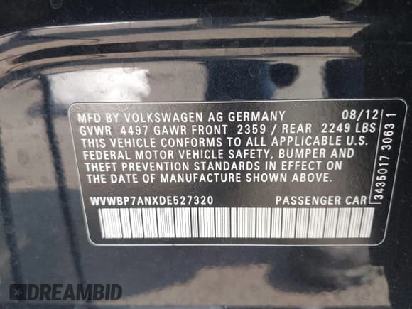 ✅ 2013 Volkswagen CC R-Line • VIN: WVWBP7ANXDE527320 • Lot: 42919160. Listed on IAAI with 121,128 mi. Free auction sales archive from the USA and detailed vehicle history report at DreamBid. Image 9.