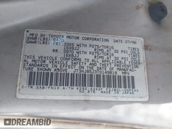 ✅ 1996 Toyota Land Cruiser • VIN: JT3HJ85J3T0149818 • Лот: 42715318. Опубликован ранее на IAAI с пробегом 260 216 миль. Бесплатный доступ к архиву аукционных продаж из США и подробный отчёт об истории автомобиля на DreamBid. Изображение 9.