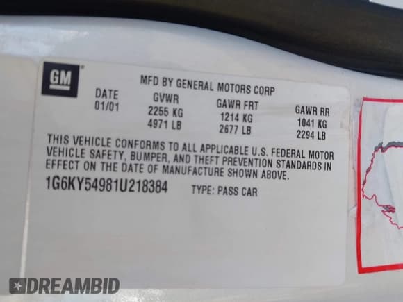 ✅ 2001 Cadillac Seville Touring STS • VIN: 1G6KY54981U218384 • Lot: 42583040. Listed on IAAI with 63,821 mi. Free auction sales archive from the USA and detailed vehicle history report at DreamBid. Image 9.