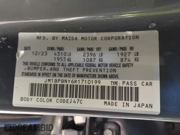 ✅ 2024 Mazda 3 Premium Plus • VIN: JM1BPBNY6R1710199 • Lot: 41507556. Listed on IAAI with 5,491 mi. Free auction sales archive from the USA and detailed vehicle history report at DreamBid. Image 9.
