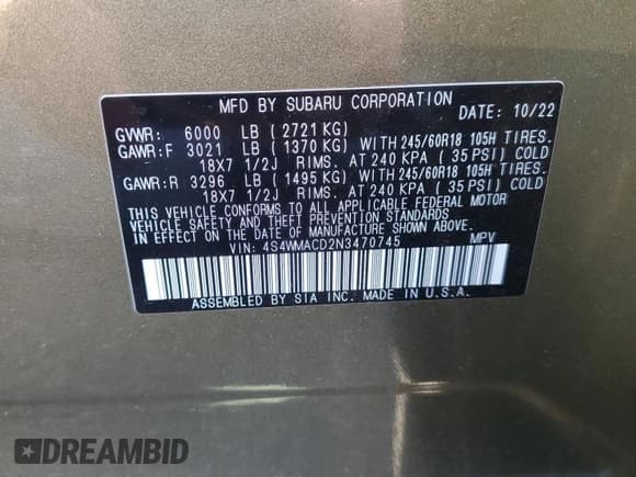 ✅ 2022 Subaru Ascent Premium • VIN: 4S4WMACD2N3470745 • Лот: 74781294. Опубликован ранее на Copart с пробегом 21 015 миль. Бесплатный доступ к архиву аукционных продаж из США и подробный отчёт об истории автомобиля на DreamBid. Изображение 13.