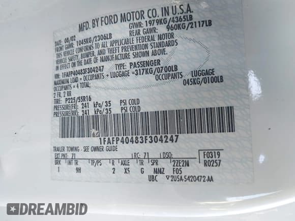 ✅ 2003 Ford Mustang Standard • VIN: 1FAFP40483F304247 • Лот: 43909183. Опубликован ранее на IAAI с пробегом 138 933 миль. Бесплатный доступ к архиву аукционных продаж из США и подробный отчёт об истории автомобиля на DreamBid. Изображение 9.