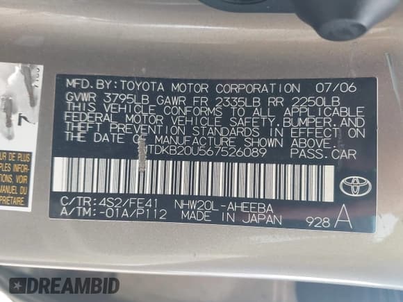 ✅ 2006 Toyota Prius • VIN: JTDKB20U567526089 • Lot: 43515056. Listed on IAAI with 126,983 mi. Free auction sales archive from the USA and detailed vehicle history report at DreamBid. Image 9.