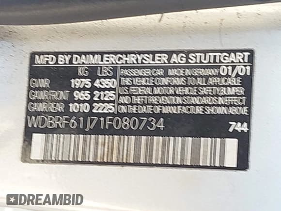 ✅ 2001 Mercedes-Benz C 230/260/280/320 • VIN: WDBRF61J71F080734 • Lot: 41869908. Wystawiony na IAAI z przebiegiem 274 574 mil. Bezpłatny archiwum sprzedaży aukcyjnych z USA i szczegółowy raport historii pojazdu na DreamBid. Zdjęcie 9.