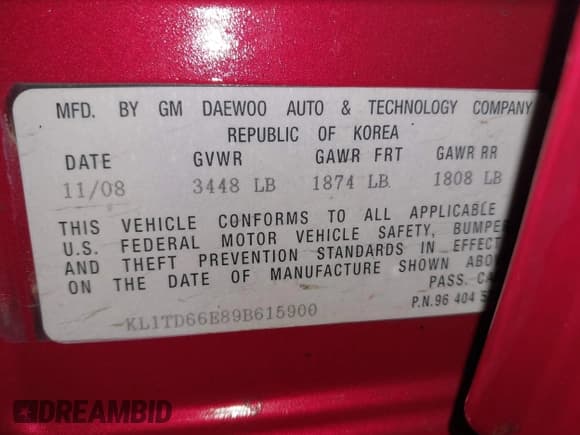 ✅ 2009 Chevrolet Aveo 1LT • VIN: KL1TD66E89B615900 • Lot: 42061164. Listed on IAAI with 117,724 mi. Free auction sales archive from the USA and detailed vehicle history report at DreamBid. Image 9.