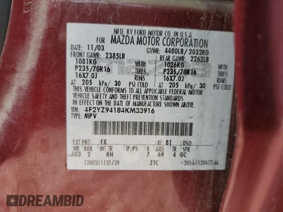 ✅ 2004 Mazda Tribute LX • VIN: 4F2YZ94184KM33916 • Lot: 70839734. Listed on Copart with Not provided. Free auction sales archive from the USA and detailed vehicle history report at DreamBid. Image 12.