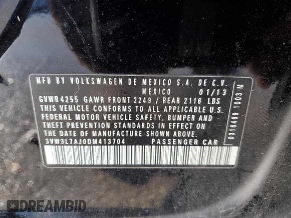 ✅ 2013 Volkswagen Jetta TDI w/Premium/Nav • VIN: 3VW3L7AJ0DM413704 • Lot: 93628685. Listed on Copart with 279,491 mi. Free auction sales archive from the USA and detailed vehicle history report at DreamBid. Image 13.