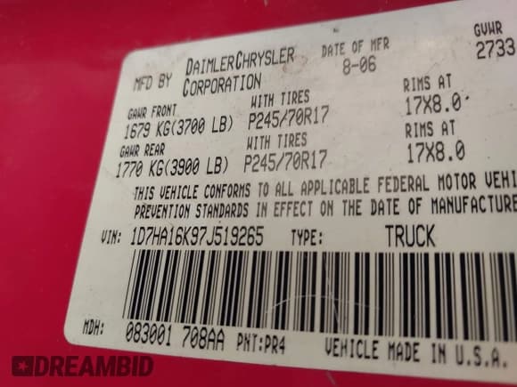 ✅ 2007 Dodge 1500 ST • VIN: 1D7HA16K97J519265 • Lot: 43337145. Listed on IAAI with 210,778 mi. Free auction sales archive from the USA and detailed vehicle history report at DreamBid. Image 9.