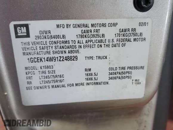 2001 Chevrolet Silverado 1500 с VIN 1GCEK14W91Z248829, выставлен на аукционе Copart как лот 57459815 с пробегом 82 008 миль миль и Чистый • Clean title. История ставок и продаж доступна на DreamBid. Изображение 12.