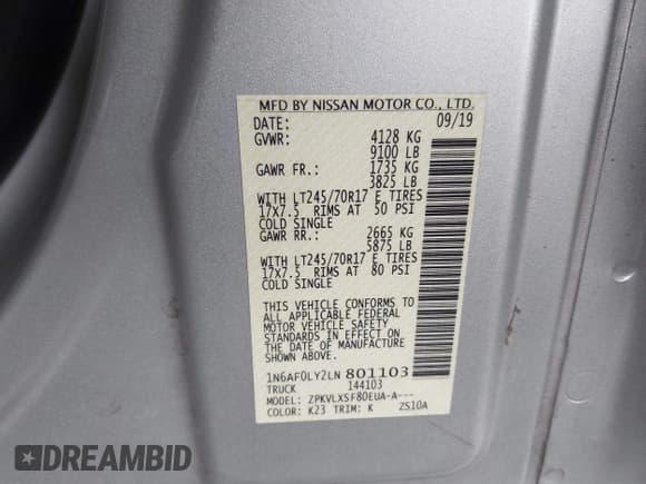 ✅ 2020 Nissan NV SV • VIN: 1N6AF0LY2LN801103 • Lot: 43747280. Listed on IAAI with 72,046 mi. Free auction sales archive from the USA and detailed vehicle history report at DreamBid. Image 9.