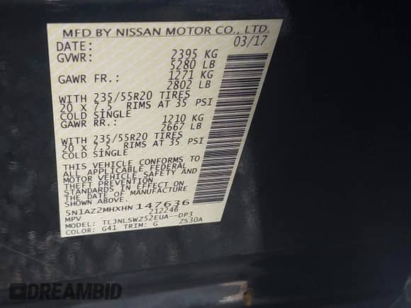 2017 Nissan Murano SL с VIN 5N1AZ2MHXHN147636, выставлен на аукционе IAAI как лот 43227222 с пробегом 141 703 миль миль и . История ставок и продаж доступна на DreamBid. Изображение 9.