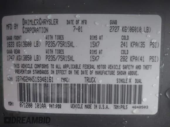 ✅ 2001 Dodge Dakota Sport • VIN: 1B7HG2AN51S348161 • Lot: 41690779. Wystawiony na IAAI z przebiegiem 148 484 mil. Bezpłatny archiwum sprzedaży aukcyjnych z USA i szczegółowy raport historii pojazdu na DreamBid. Zdjęcie 9.