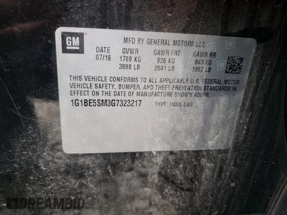 ✅ 2016 Chevrolet Cruze LT • VIN: 1G1BE5SM3G7323217 • Lot: 70864612. Listed on Copart with 57,898 mi. Free auction sales archive from the USA and detailed vehicle history report at DreamBid. Image 12.