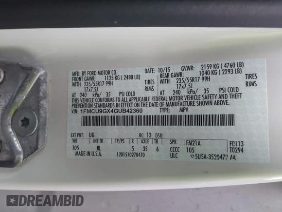 ✅ 2016 Ford Escape SE • VIN: 1FMCU9GX4GUB42360 • Лот: 43794661. Опубликован ранее на IAAI с пробегом 148 008 миль. Бесплатный доступ к архиву аукционных продаж из США и подробный отчёт об истории автомобиля на DreamBid. Изображение 9.