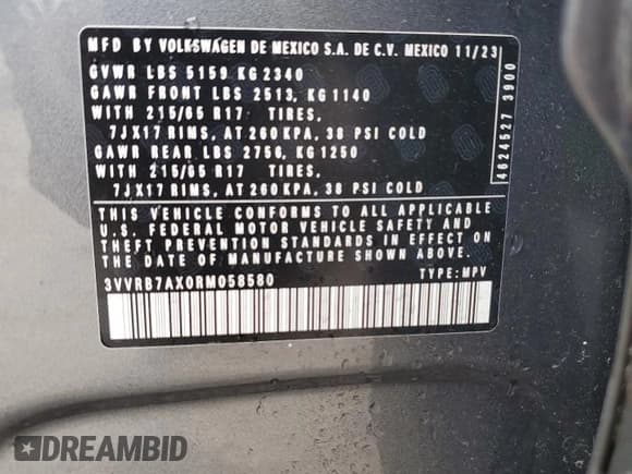 ✅ 2024 Volkswagen Tiguan S • VIN: 3VVRB7AX0RM058580 • Lot: 71196945. Listed on Copart with 11,211 mi. Free auction sales archive from the USA and detailed vehicle history report at DreamBid. Image 13.