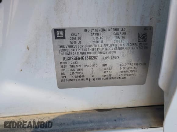 ✅ 2016 Chevrolet Colorado 2WD WT • VIN: 1GCGSBEA4G1348202 • Lot: 43506552. Listed on IAAI with 101,523 mi. Free auction sales archive from the USA and detailed vehicle history report at DreamBid. Image 9.