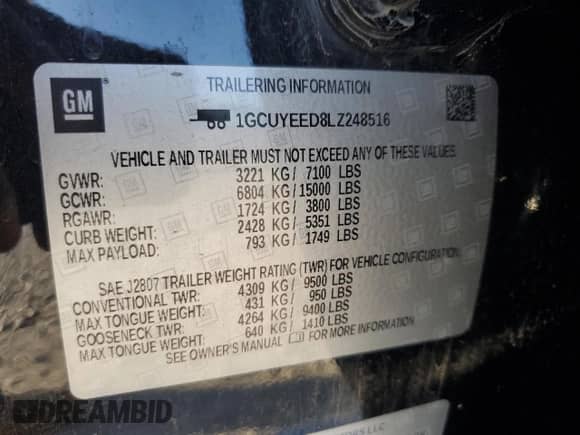 2020 Chevrolet Silverado 1500 RST with VIN 1GCUYEED8LZ248516, listed as a Copart auction lot 61511345 with 117,792 mi miles and Salvage title. Bid and sale history available at DreamBid. Image 12.