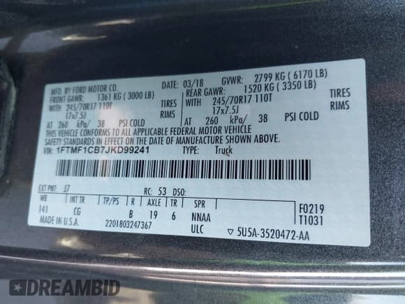 ✅ 2018 Ford F-150 XL • VIN: 1FTMF1CB7JKD99241 • Lot: 41992765. Listed on IAAI with 81,185 mi. Free auction sales archive from the USA and detailed vehicle history report at DreamBid. Image 9.