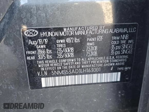 ✅ 2020 Hyundai Santa Fe Limited • VIN: 5NMS53AD1LH163001 • Lot: 52929304. Wystawiony na Copart z przebiegiem 91 679 mil. Bezpłatny archiwum sprzedaży aukcyjnych z USA i szczegółowy raport historii pojazdu na DreamBid. Zdjęcie 13.