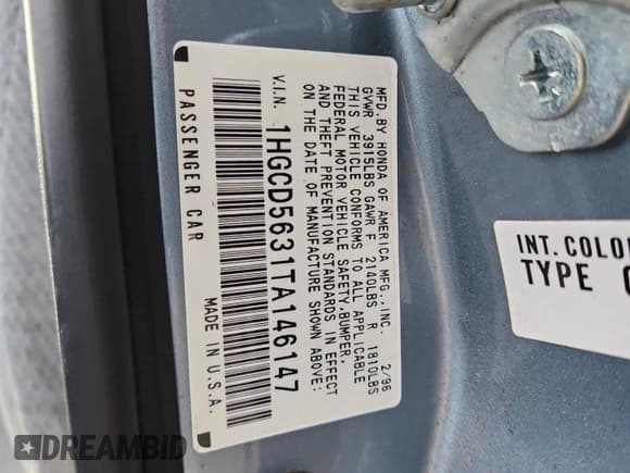 ✅ 1996 Honda Accord LX • VIN: 1HGCD5631TA146147 • Lot: 91059035. Listed on Copart with 163,768 mi. Free auction sales archive from the USA and detailed vehicle history report at DreamBid. Image 12.