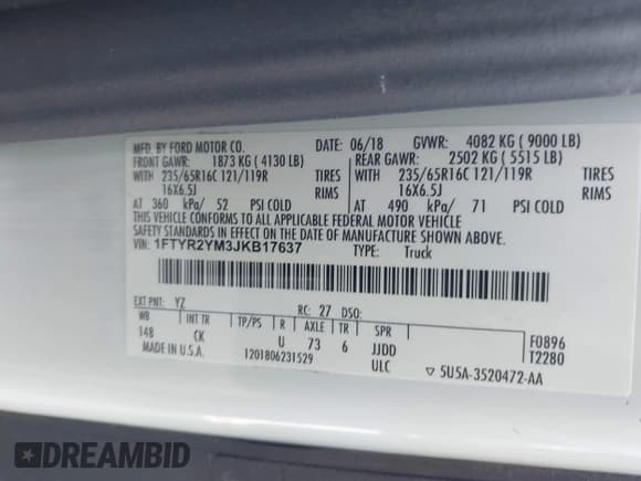 ✅ 2018 Ford Transit • VIN: 1FTYR2YM3JKB17637 • Lot: 42281111. Wystawiony na IAAI z przebiegiem 140 894 mil. Bezpłatny archiwum sprzedaży aukcyjnych z USA i szczegółowy raport historii pojazdu na DreamBid. Zdjęcie 9.