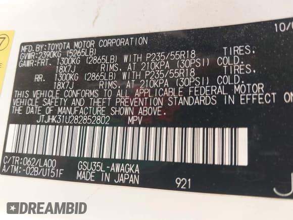 ✅ 2008 Lexus RX 350 • VIN: JTJHK31U282852802 • Lot: 42719928. Listed on IAAI with 181,356 mi. Free auction sales archive from the USA and detailed vehicle history report at DreamBid. Image 9.