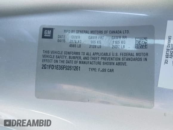 ✅ 2015 Chevrolet Camaro LT • VIN: 2G1FD1E36F9261261 • Lot: 43466404. Listed on IAAI with 195,875 mi. Free auction sales archive from the USA and detailed vehicle history report at DreamBid. Image 9.