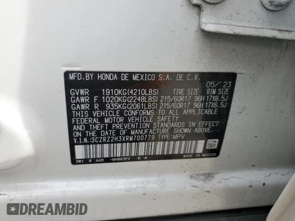 ✅ 2024 Honda HR-V LX • VIN: 3CZRZ2H3XRM700779 • Лот: 92613355. Опубликован ранее на Copart с пробегом Не указан. Бесплатный доступ к архиву аукционных продаж из США и подробный отчёт об истории автомобиля на DreamBid. Изображение 13.