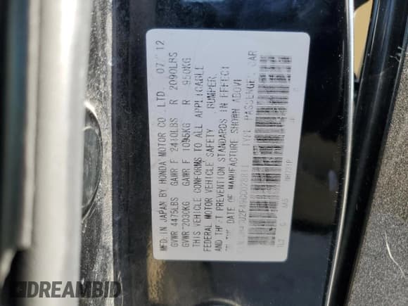 ✅ 2012 Acura TSX • VIN: JH4CU2F49CC028811 • Lot: 92908615. Listed on Copart with 187,738 mi. Free auction sales archive from the USA and detailed vehicle history report at DreamBid. Image 12.