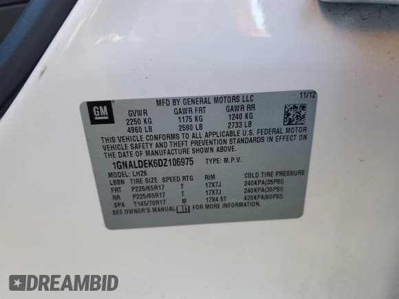 ✅ 2013 Chevrolet Equinox LT • VIN: 1GNALDEK6DZ106975 • Лот: 89719535. Опубликован ранее на Copart с пробегом 125 847 миль. Бесплатный доступ к архиву аукционных продаж из США и подробный отчёт об истории автомобиля на DreamBid. Изображение 13.