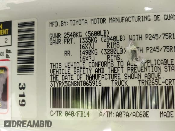 ✅ 2022 Toyota Tacoma SR • VIN: 3TYRX5GN8NT065916 • Lot: 42553981. Listed on IAAI with 67,828 mi. Free auction sales archive from the USA and detailed vehicle history report at DreamBid. Image 9.