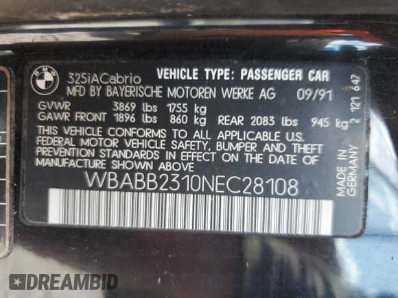 1992 BMW 3 Series z VIN WBABB2310NEC28108, wystawiony jako Copart lot #52196435 z przebiegiem 45 172 mil mil oraz Szkoda całkowita • Salvage title. Historia ofert i sprzedaży dostępna na DreamBid. Obrazek 12.